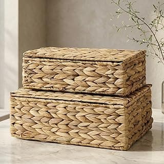 Decorative Storage Boxes with Lids - Set of 2 Beautiful Wicker Organizer Bins